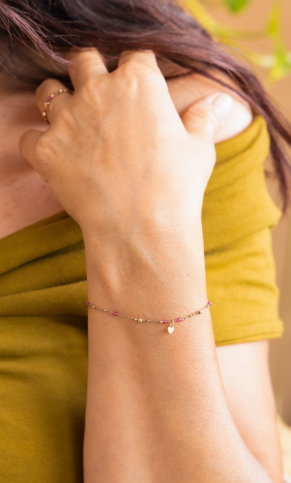 Bracelet Petit Cœur et Spinelle Rose