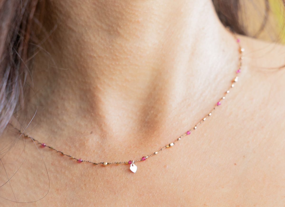 Collier Petit Cœur et Spinelle Rose