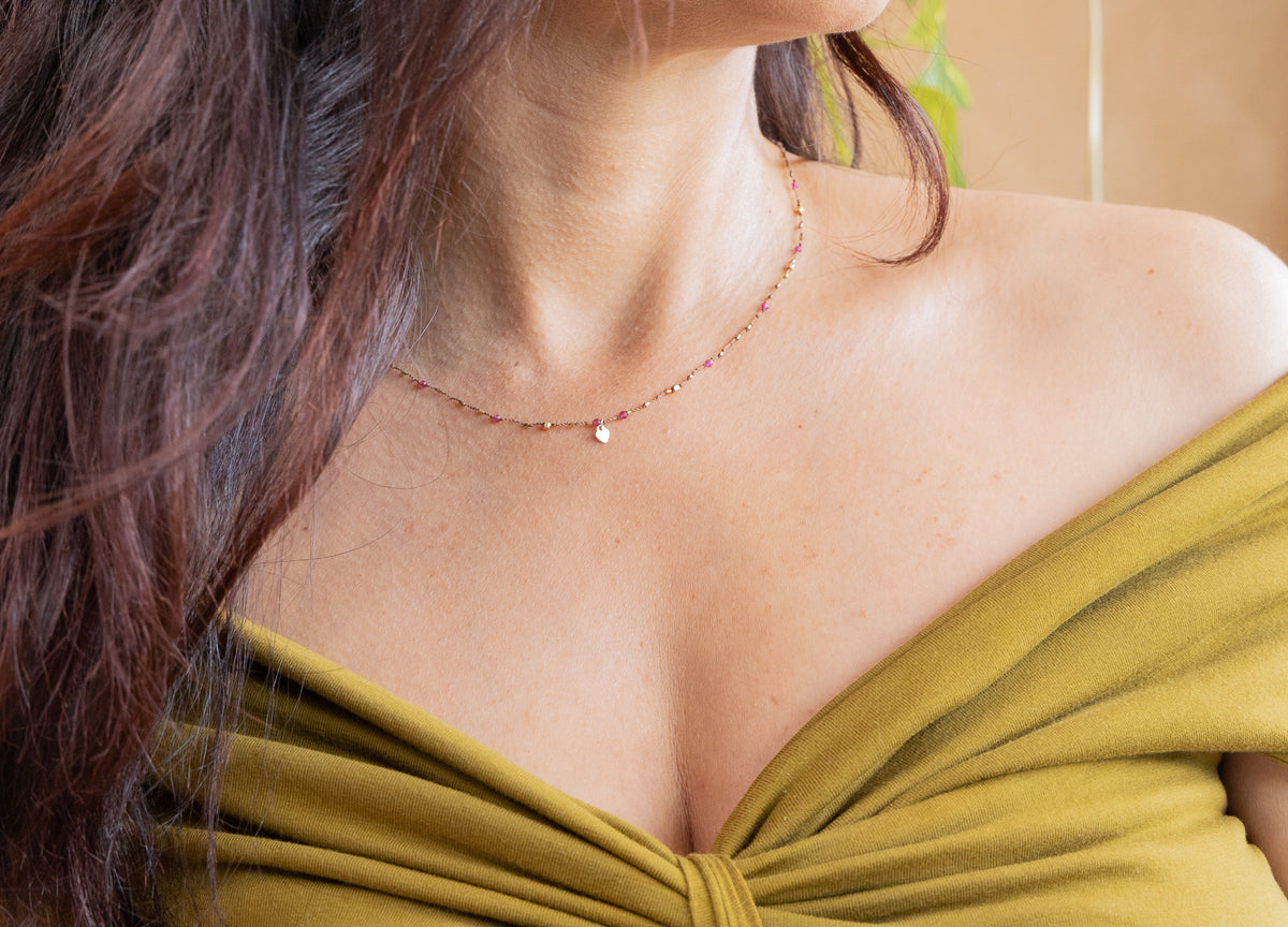 Collier Petit Cœur et Spinelle Rose